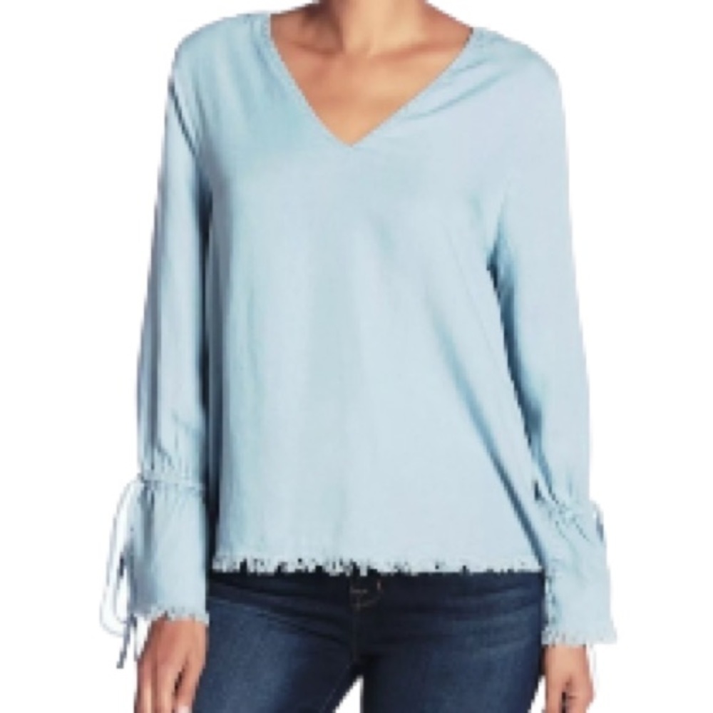 $168 Harve Bernard Frayed Shirt Large 10 12 Blue V Neck Distressed Soft Tencel